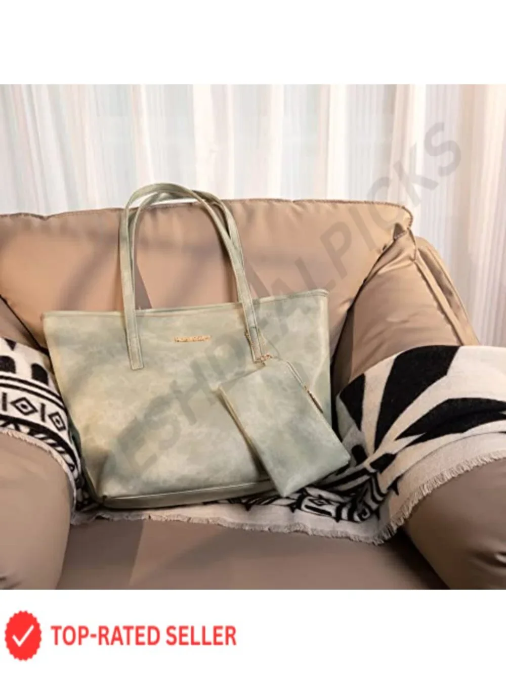 Faux Leather Tote Bag with Detachable Pouch for Work & Daily Use, Fits Laptop,